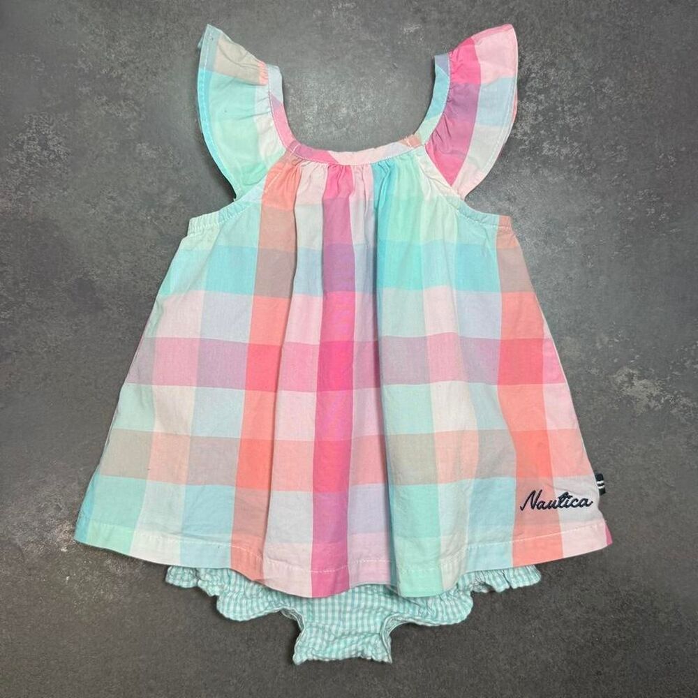 Nautica Pink Plaid Bow Dresss Bloomers Set Capris 3-Piece Outfit 6-9M